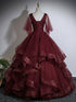 Wine Red Tulle Ball Gown Prom Dress with Flutter Sleeves, V-neckline Long Party Dress
