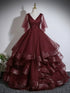 Wine Red Tulle Ball Gown Prom Dress with Flutter Sleeves, V-neckline Long Party Dress