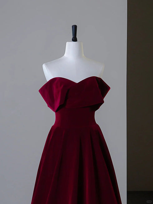 Wine Red Velvet Off Shoulder A-Line Prom Dress, Wine Red Velvet Simple Evening Dress