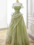 Light Green Tulle Off Shoulder Long Party Dress, Off Shoulder Green Prom Dress