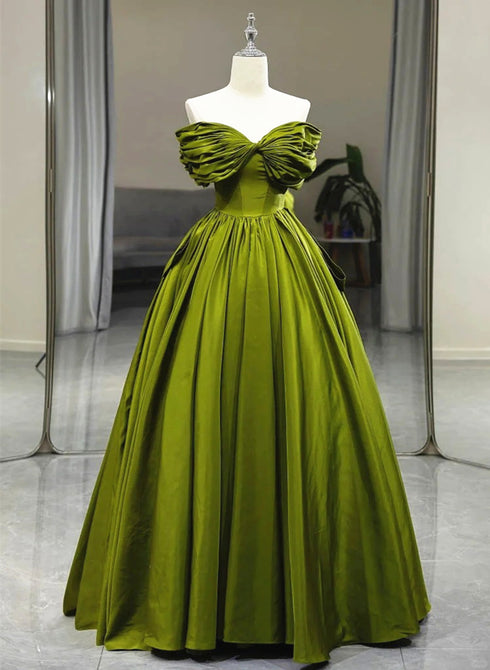 Green A-line Off Shoulder Satin Long Party Dress, Green Satin Formal Dress Prom Dress