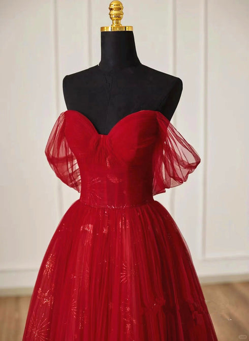 Lovely Wine Red Tulle Sweetheart Off Shoulder Prom Dress, Wine Red Long Party Dress