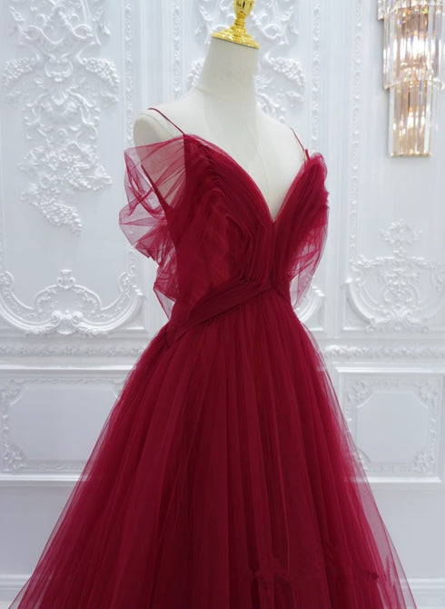 Wine Red Tulle V-neckline Long Party Dress, Wine Red Tulle Prom Dress