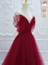 Wine Red Tulle V-neckline Long Party Dress, Wine Red Tulle Prom Dress