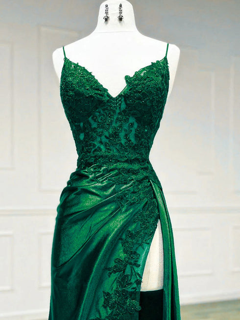 Green Satin with Lace Straps Long Evening Dress Prom Dress, Green Satin Party Dress