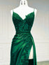 Green Satin with Lace Straps Long Evening Dress Prom Dress, Green Satin Party Dress