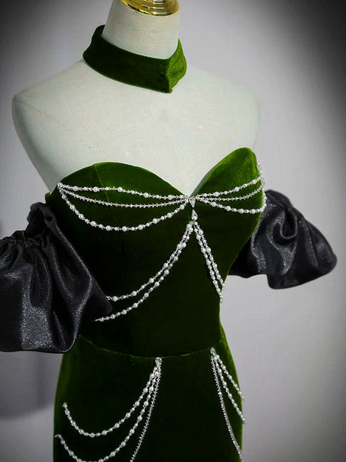 Green Velvet Sweetheart Mermaid Party Dress, Off Shoulder Green Velvet Prom Dress
