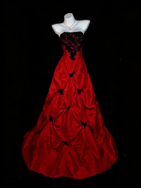 Gothic Red and Black Strapless Prom Dress, Taffeta Formal Gown with Black Floral Lace