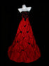 Gothic Red and Black Strapless Prom Dress, Taffeta Formal Gown with Black Floral Lace