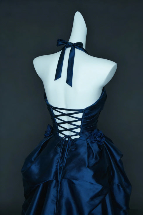 Elegant Navy Blue Taffeta Ruffled Prom Dress, Navy Blue Halter Party Dress Evening Dress