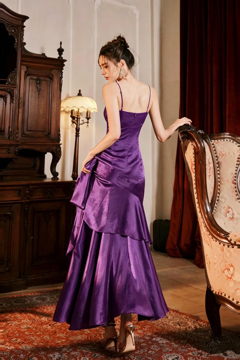Purple Satin Straps Sweetheart Long Formal Dress, Purple Satin Evening Dress Prom Dress