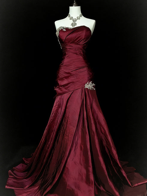 Wine Red Strapless Ruched Prom Dress Taffeta Long Formal Dress With Lace Applique