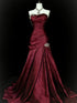 Wine Red Strapless Ruched Prom Dress Taffeta Long Formal Dress With Lace Applique