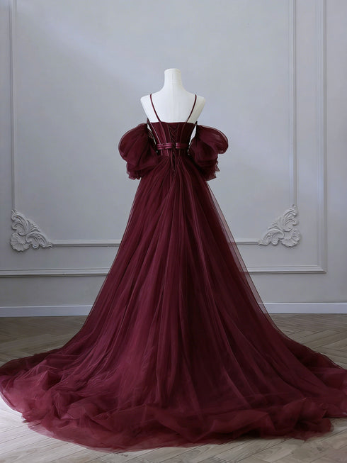 Wine Red Corset Prom Dress with Puffy Detachable Sleeves, A-Line Tulle Evening Gown