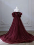 Wine Red Corset Prom Dress with Puffy Detachable Sleeves, A-Line Tulle Evening Gown