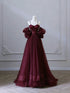 Wine Red Corset Prom Dress with Puffy Detachable Sleeves, A-Line Tulle Evening Gown