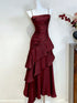 Burgundy Satin Ruched Prom Dress,Spaghetti Strap Tiered Evening Gown Formal Dress