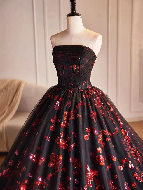 A-line Scoop Black and Red Fowers Party Dress, Black and Red Tulle Prom Dress