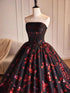 A-line Scoop Black and Red Fowers Party Dress, Black and Red Tulle Prom Dress