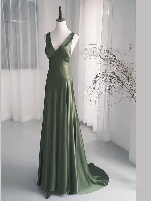Charming Dark Green V-Neckline Low Back A-Line Prom Dress, Dark Green Formal Dress