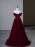 Wine Red Velvet Off Shoulder A-Line Prom Dress, Wine Red Velvet Simple Evening Dress