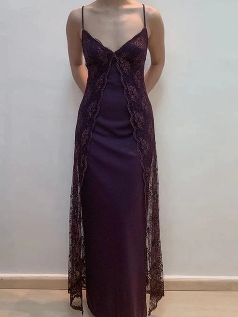 Purple Lace A-line Straps Long Party Dress, Lace Evening Dress Prom Dress