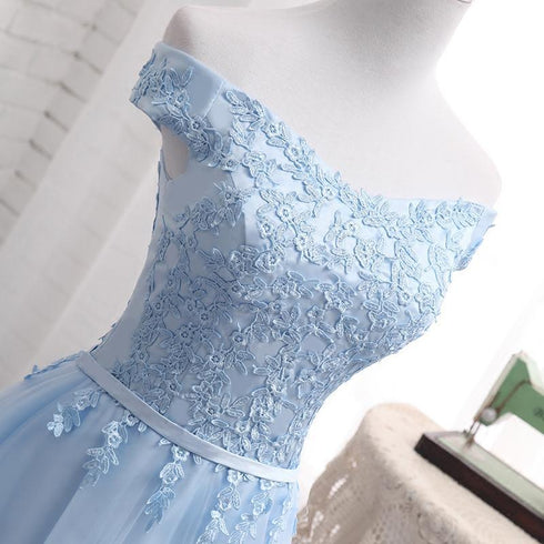 Beautiful Light Blue Off Shoulder Tulle Party Dress, Blue Homecoming Dresses