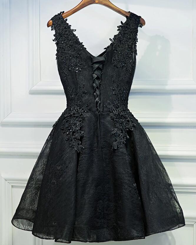 V Neck Short Black Lace Prom Dresses, Short Black Lace Graduation Homecoming Dresses, US 16 / Custom Color / No Rush