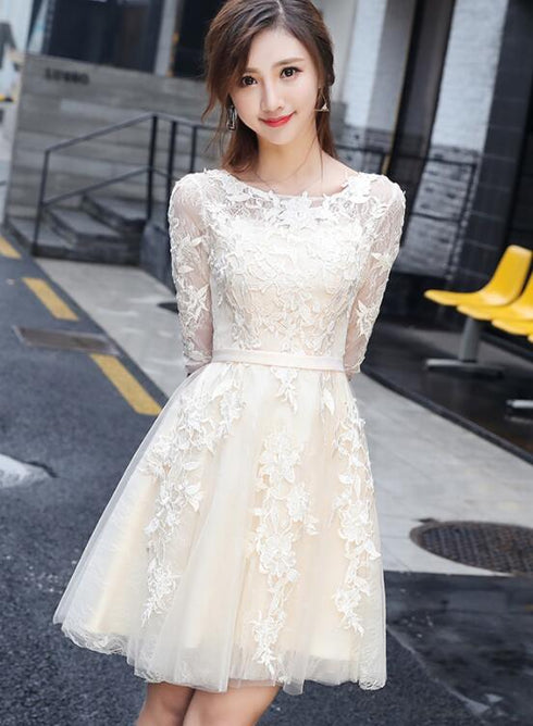 Light Champagne Cute Lace Short Party Dress, Lovely Lace Tulle Prom Dress Homecoming Dress