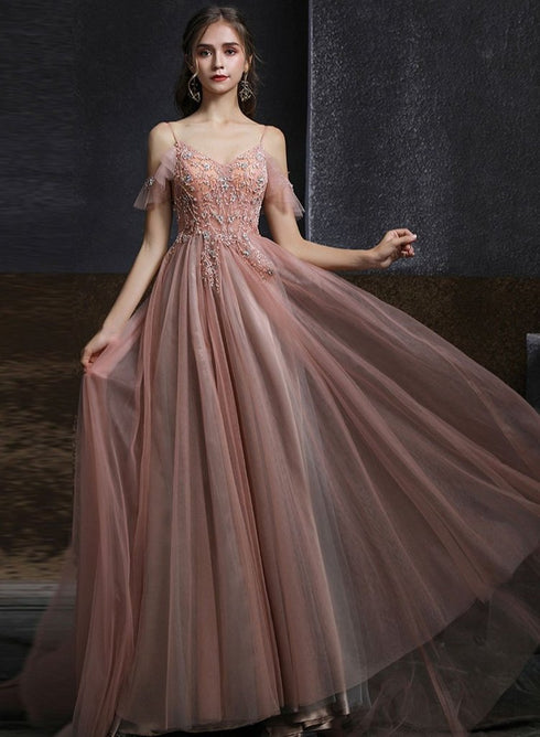 Beautiful Pink V-neckline Straps Beaded Long Party Dress, Pink Tulle Prom Dress Formal Dress