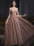 Beautiful Pink V-neckline Straps Beaded Long Party Dress, Pink Tulle Prom Dress Formal Dress