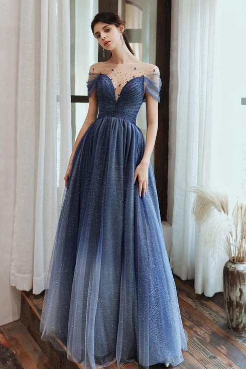 Unique Tulle Beaded Gradient A-line Sweetheart Long Prom Dress, Tulle Formal Dress Evening Gown