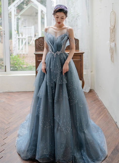 Blue Tulle Beaded Long Unique Straps Prom Dress, Blue Floor Length Party Dress