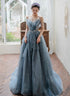 Blue Tulle Beaded Long Unique Straps Prom Dress, Blue Floor Length Party Dress