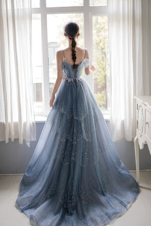 Blue Tulle Beaded Long Unique Straps Prom Dress, Blue Floor Length Party Dress