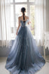 Blue Tulle Beaded Long Unique Straps Prom Dress, Blue Floor Length Party Dress