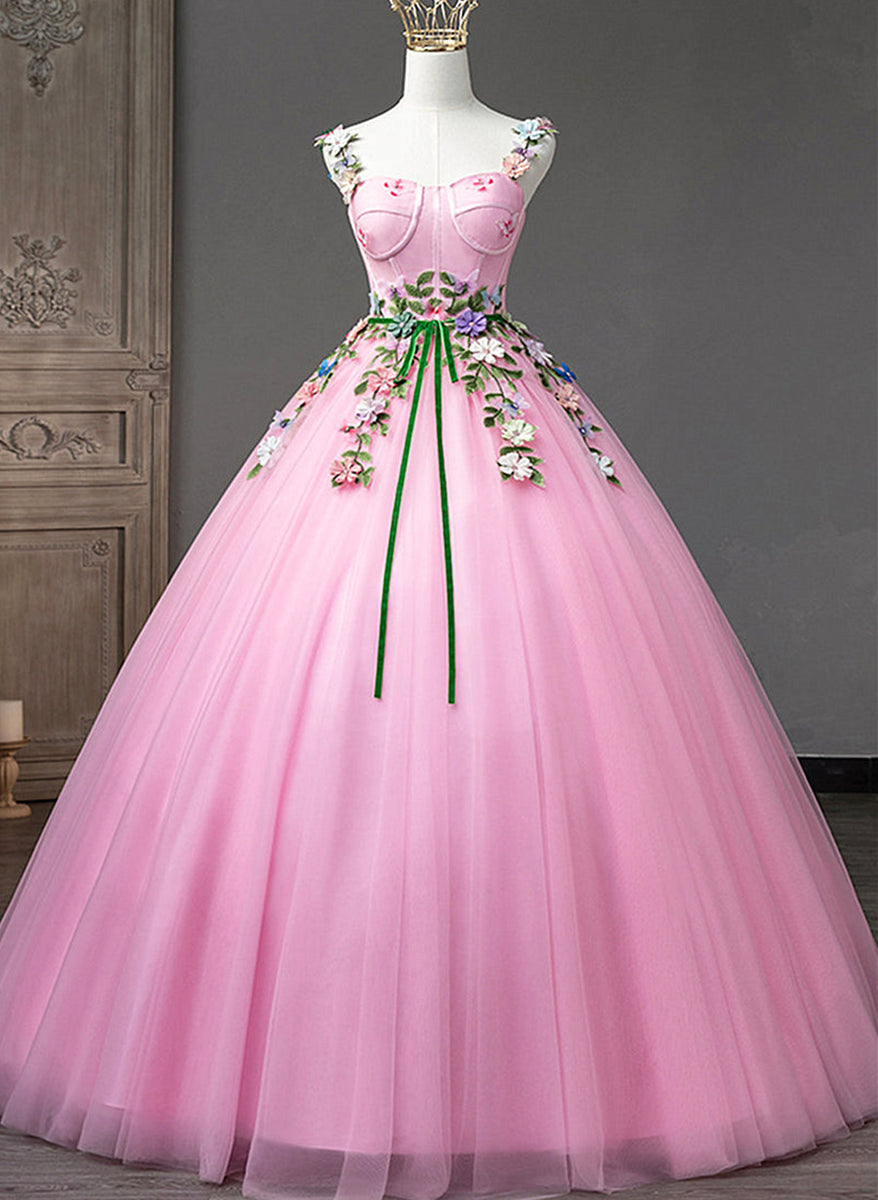Romantic Pink Strapless 3D Floral Tulle Ballgown Formal Prom Dress