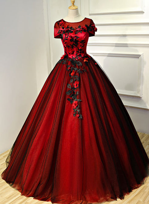 Glam Red and Black Flowers Cap Sleeves Ball Gown Sweet 16 Dress, Princess Long Formal Dress