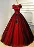 Glam Red and Black Flowers Cap Sleeves Ball Gown Sweet 16 Dress, Princess Long Formal Dress