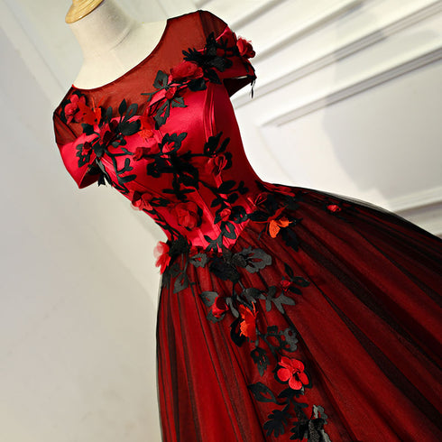 Glam Red and Black Flowers Cap Sleeves Ball Gown Sweet 16 Dress, Princess Long Formal Dress