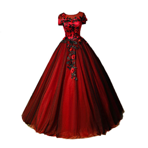 Glam Red and Black Flowers Cap Sleeves Ball Gown Sweet 16 Dress, Princess Long Formal Dress