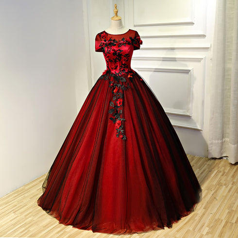 Glam Red and Black Flowers Cap Sleeves Ball Gown Sweet 16 Dress, Princess Long Formal Dress