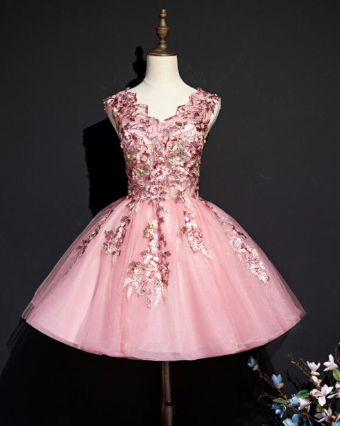 Beautiful Pink Tulle Flowers Homecoming Dress, Short Pink Teen Formal Dress