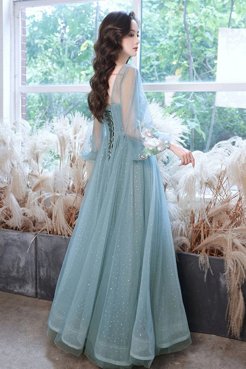 Green Long Sleeves with Lace Flowers Prom Dress, A-line Tulle Formal Dress