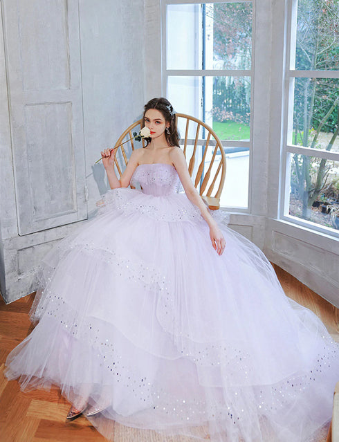 Lavender Tulle Floor Length Party Dress, A-line Lavender Layers Sweet 16 Dress