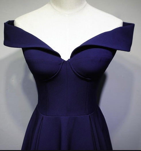 Beautiful Navy Blue A-line Spandex Long Prom Dress, Off Shoulder Bridesmaid Dress