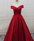 Red Satin Off Shoulder Handmade Long Formal Dress, Beautiful Handmade Red Formal Gown