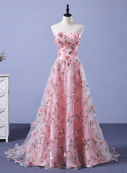 Dark Pink Tulle Flowers Long junior Prom Dress, Pink Party Gown