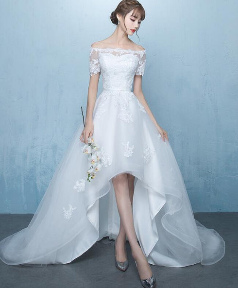 Beautiful White Off Shoulder High Low Party Dress with Train, Wedding Party Dress