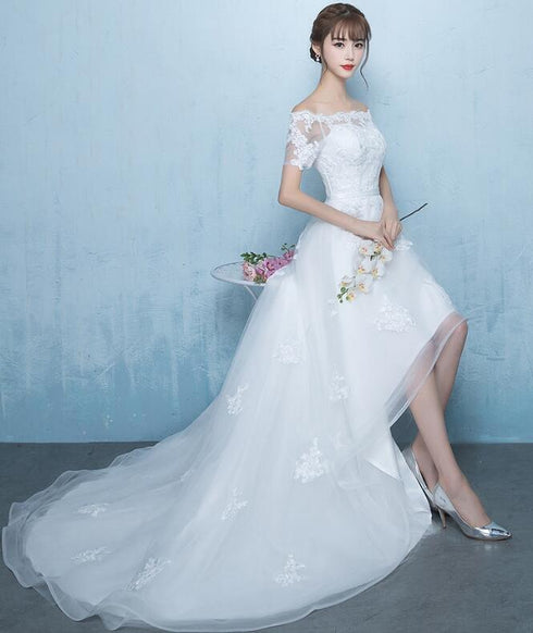 Beautiful White Off Shoulder High Low Party Dress with Train, Wedding Party Dress